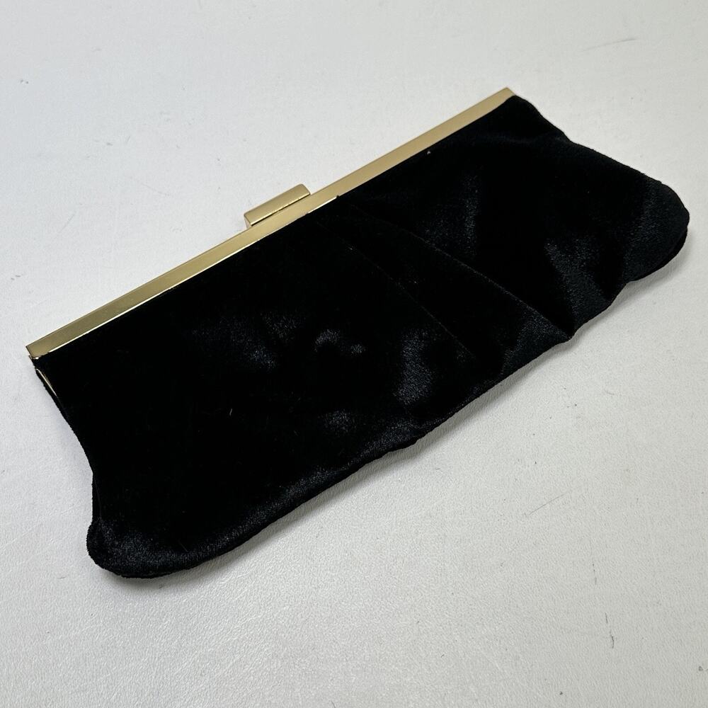 Marks & Spencer London Handbag Black Velvet Pleated Hinged Lined Gold Tone Latch
